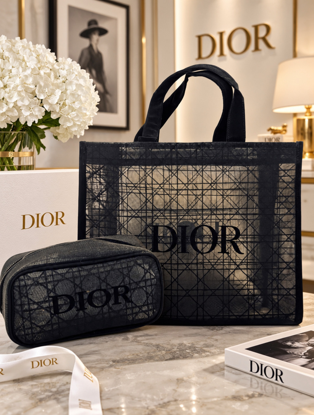 Christian Dior Black Velvet Mesh Large Tote Bag Cosmetic Pouch GWP